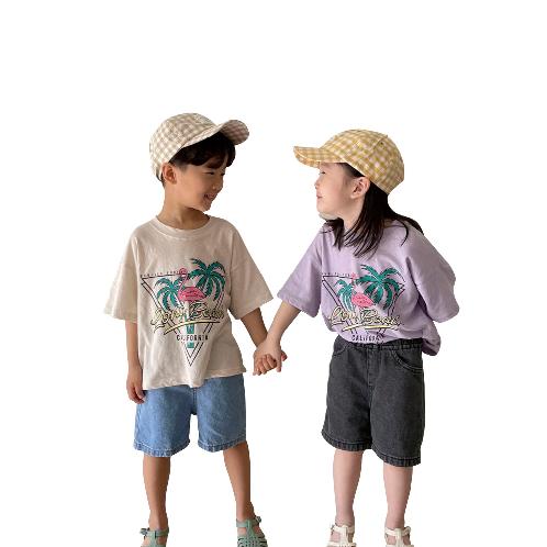 Flamingo, palm print short-sleeved T-shirt, Children's clothes, cotton