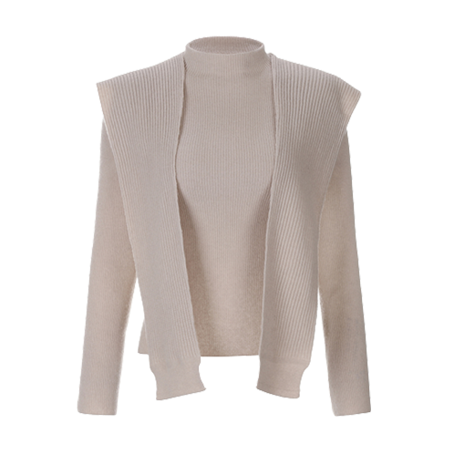 Premium pure cashmere100 soft ribbed turtleneck + scarf set-up - Beton beige