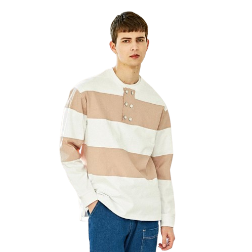 [CUSTOMUS] ﻿Woven scheme modify henley neckline big-border round t-shirts CXS23SKMT271